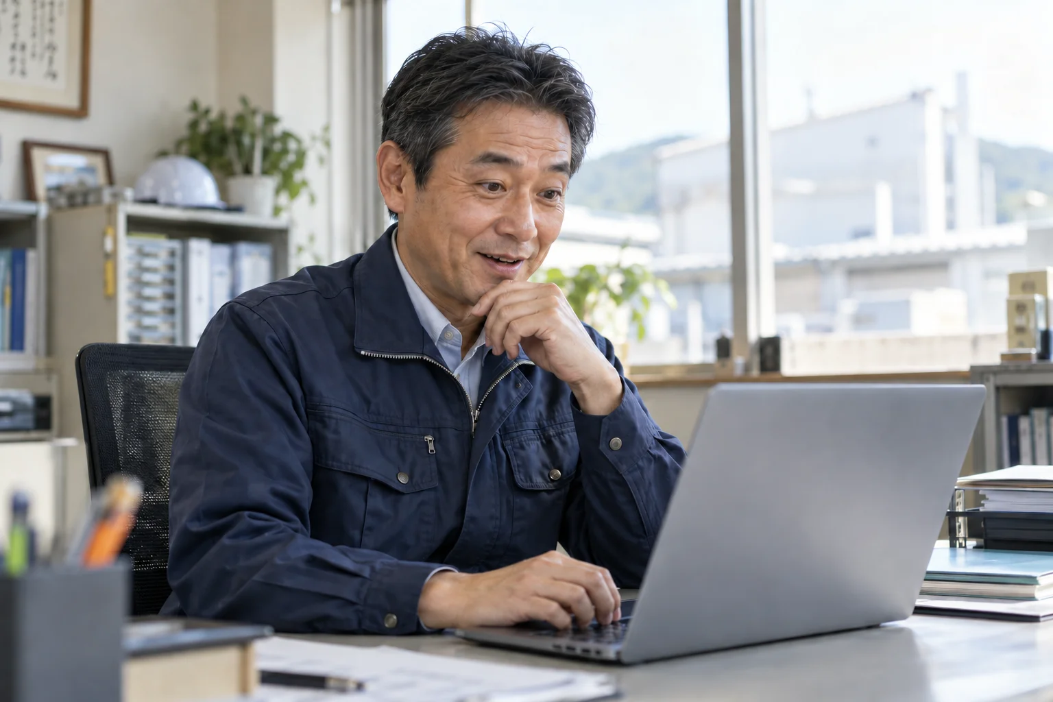 採用の変化に気づき、パソコンを見てうれしそうに驚く町工場の社長のイメージ